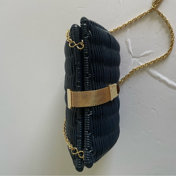 Vintage Au Courant Woven Basket Shoulder Purse Navy Blue w/ Gold Details - Picture 8 of 16